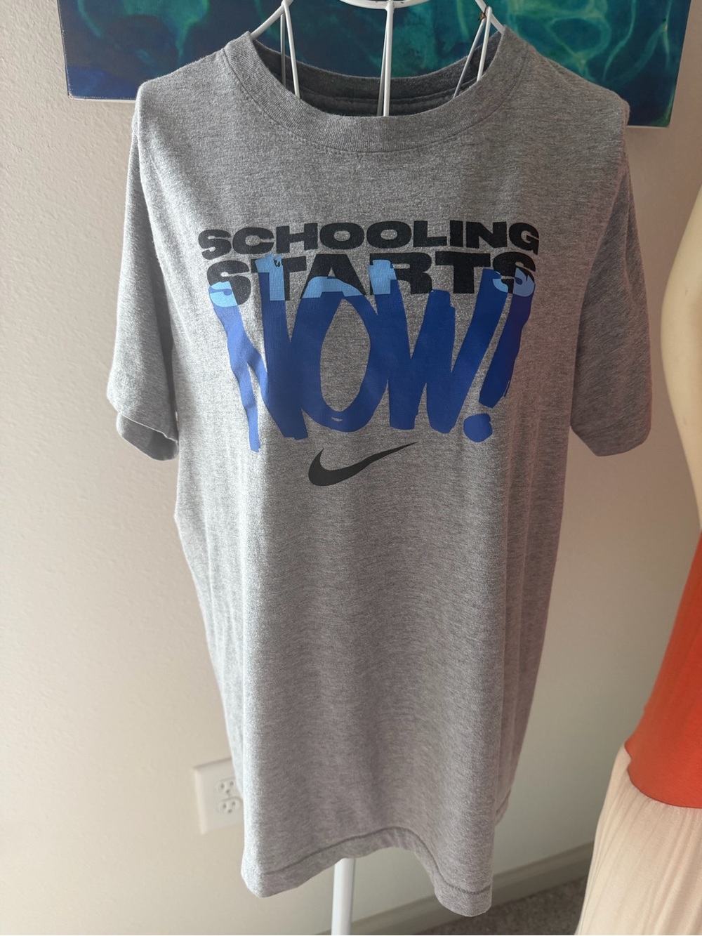 Nike Grey Tee with Blue and Black 'Schooling Starts Now!' Graphic
